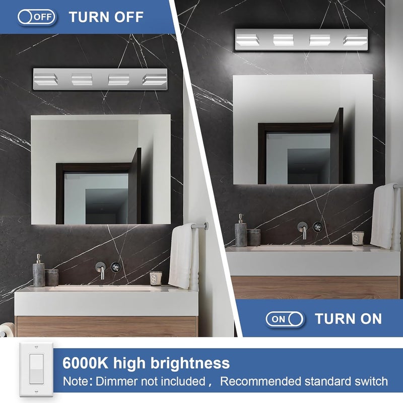 JZEKVN Modern LED Bathroom Lights Fixtures(4-Light),Stainless Steel Chrome Acrylic Wall Lighting,Vanity Lights for Bathroom Over Mirror(6000k 27in) - Image 4
